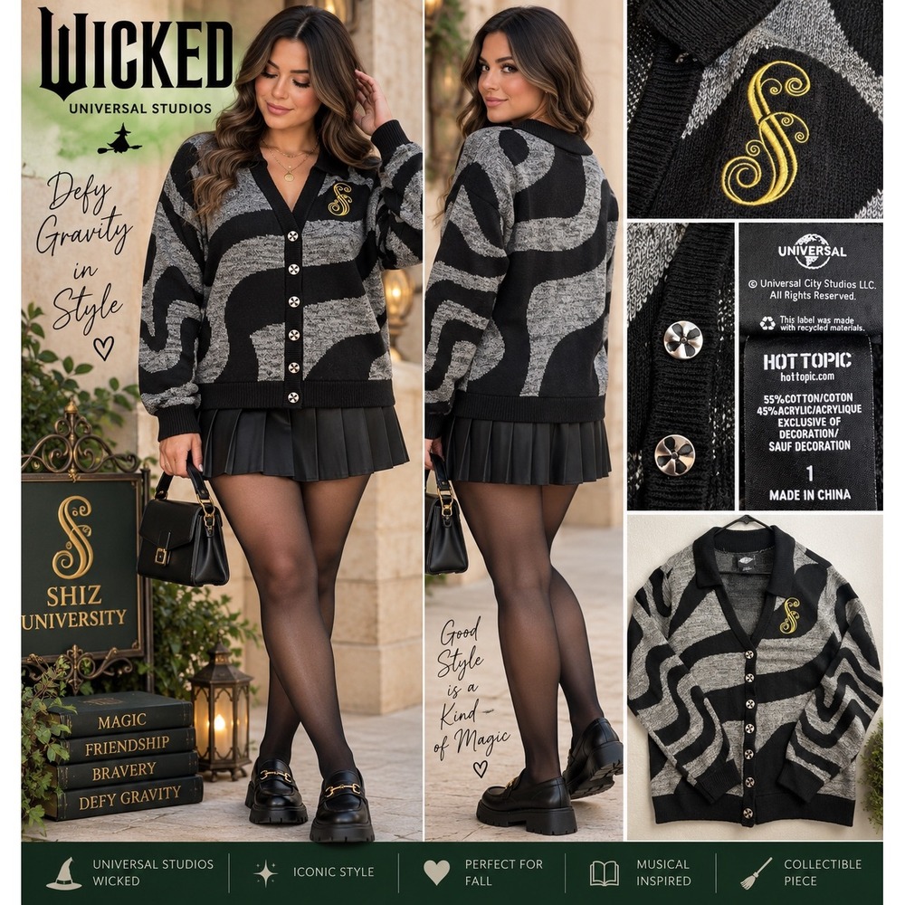Wicked Universal Studios Hot Topic Shiz University Cardigan Sweater Black Grey 1